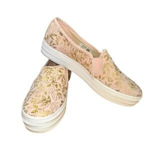NEW Keds Rifle Paper Co Women 8.5 Slip On Sneakers Pink Floral Gold Canvas Shoe